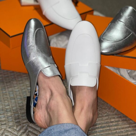 HERMES H CATENA SILVER LEATHER MULES FLIP FLOPS SHOES FLAT SLIDES 39 - Picture 1 of 15
